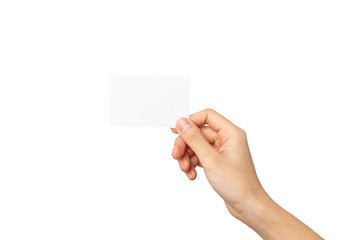 woman hand holding business card isolated on white background with clipping path