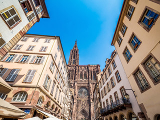 Strasbourg Cathedral or the Cathedral of Our Lady of Strasbourg (French: Cathedrale Notre-Dame de Strasbourg), also known as Strasbourg Minster, Alsace, France wide angle