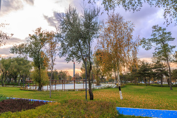 Sunset during fall season in Aziziye park in Erzurum, Turkey