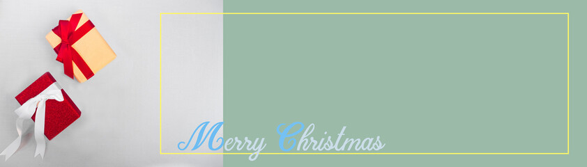 Fototapeta na wymiar banner design winter season and holiday event concept from flat lay and minimal decorate item with shiny for christmas and new year on silver and green background