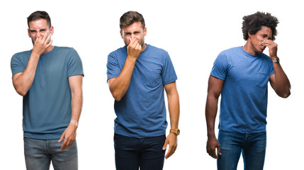 Collage of group of hispanic and african american men over isolated background smelling something stinky and disgusting, intolerable smell, holding breath with fingers on nose. Bad smells concept.