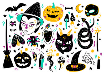 Magic Halloween objects. Hand drawn colored vector set. All elements are isolated