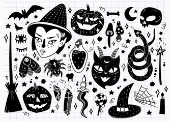 Magic Halloween objects. Hand drawn vector set. All elements are isolated