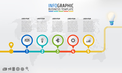 Company timeline infographic template design with 5 options with light bulb. Vector illustration