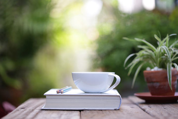White cup with plant and notebooks