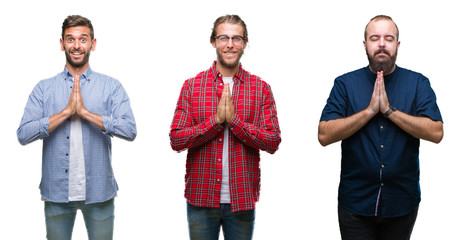 Collage of group of young men over white isolated background praying with hands together asking for forgiveness smiling confident.