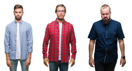 Collage of group of young men over white isolated background depressed and worry for distress, crying angry and afraid. Sad expression.