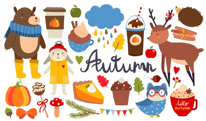 Cute autumn animals and pumpkin spice objects. Colored vector set. All elements are isolated