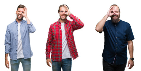 Collage of group of young men over white isolated background doing ok gesture with hand smiling, eye looking through fingers with happy face.