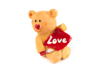 Valentines Day. Love heart. Couple Teddy Bears in embrace, hugging. Handmade red heart, ribbon, bow. Vintage retro romantic style.Unusual creative greeting card on wood. Family, wedding and friendship