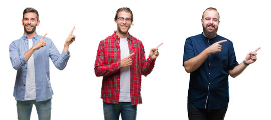 Collage of group of young men over white isolated background smiling and looking at the camera pointing with two hands and fingers to the side.