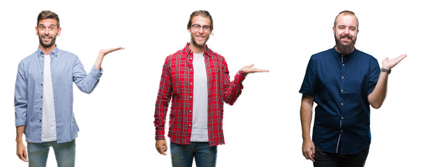 Collage of group of young men over white isolated background smiling cheerful presenting and pointing with palm of hand looking at the camera.