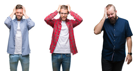 Collage of group of young men over white isolated background suffering from headache desperate and stressed because pain and migraine. Hands on head.