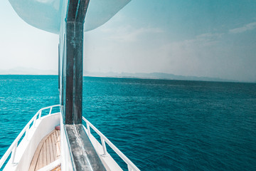 beautiful yacht or ship parts, side view of yacht sailing on the sea