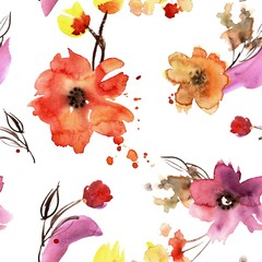 Watercolor hand painted seamless pattern with orange flowers