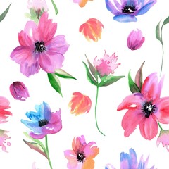 Obraz na płótnie Canvas Watercolor seamless pattern with pink flowers