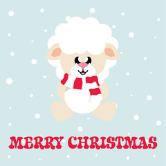 cartoon cute sheep white with scarf sitting and christmas text