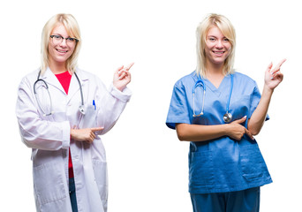 Collage of doctor and nurse woman over white isolated background with a big smile on face, pointing with hand and finger to the side looking at the camera.