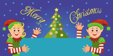 Elf holds paper for congratulations or announcements. Against the background of Christmas trees and snowflakes. For postcards banners and sites. Vector illustration.