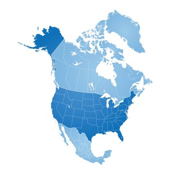 Map of North America, USA, Canada, Mexico and Greenland