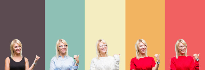 Collage of beautiful blonde woman over vintage isolated background smiling with happy face looking and pointing to the side with thumb up.