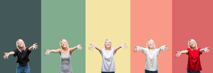 Collage of beautiful blonde woman over vintage isolated background looking at the camera smiling with open arms for hug. Cheerful expression embracing happiness.