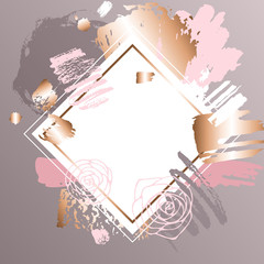 Golden pink art frames. Modern card design, brush stroke, gold, premium brochure, flyer, invitation template. Pastel rose colors brush strokes, pink gold contour square frame.