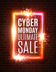 Cyber Monday banner on red brick wall. Ultimate sale background. Rectangle street neon sign. Cyber Monday design template with advertising text. Bright vector illustration with flares and sparkles.