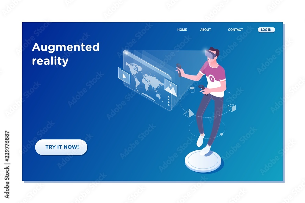 Poster landing page template of virtual augmented reality. 3d vector isometric illustration.