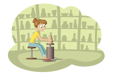 Young woman in pottery, cartoon vector illustration