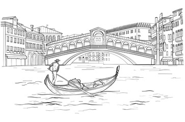 Sketch of Venetian gondola with gondolier, Realto bridge. Black and white - obrazy, fototapety, plakaty