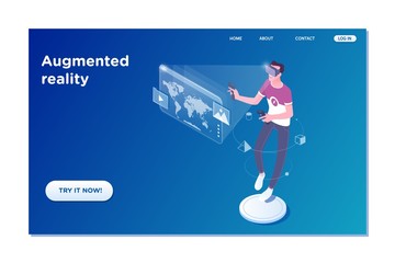 Landing page template of Virtual augmented reality. 3d vector isometric illustration.