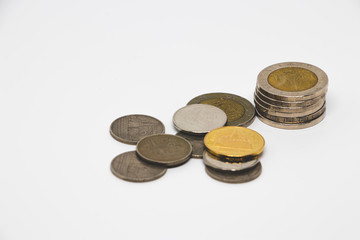 One stacks of coin on white background. Coin thailand.