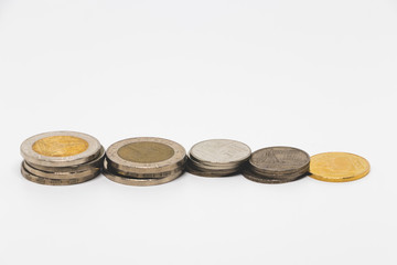 One stacks of coin on white background. Coin thailand.