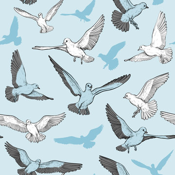 Vector Seamless pattern with flying pigeon silhouette.