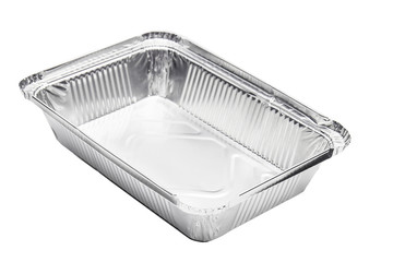 Foil food delivery container with reflection isolated over the white background