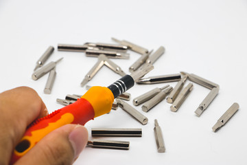 Screwdriver tips in a white background.  The screwdriver bit set in tools.