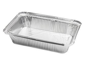 Foil food delivery container with reflection isolated over the white background