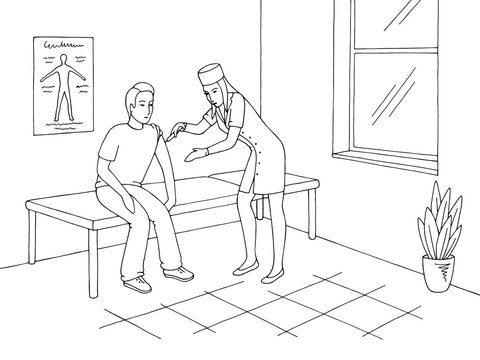 Nurse vaccinating a boy in doctor office graphic black white interior sketch illustration vector