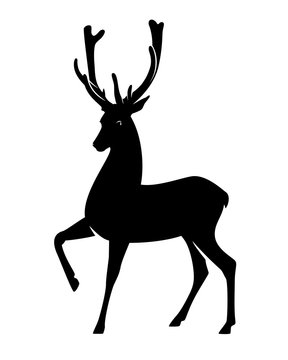 standing deer stag with beautiful antlers black and white vector silhouette design