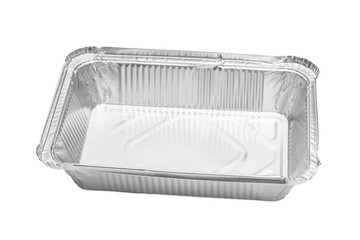 Foil food delivery container with reflection isolated over the white background