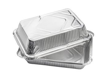 Foil food delivery container with reflection isolated over the white background