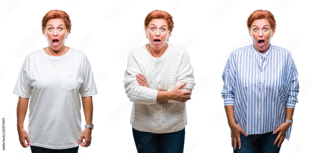 Sticker Collage of middle age senior woman over white isolated background afraid and shocked with surprise expression, fear and excited face.