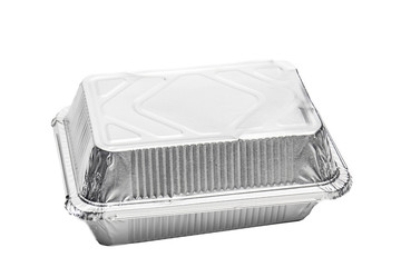 Foil food delivery container with reflection isolated over the white background