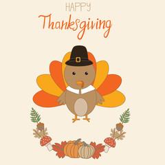 Happy Thanks giving vector little cute turkey pilgrims with pumpkins wreath hand lerttering fonts. illustration EPS10.