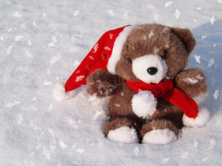 Teddy als Weihnachtsmann im Schnee