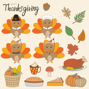 Happy Thanks giving vector little cute turkey pilgrims and red indian costume with pumpkins wreath hand lerttering fonts. illustration EPS10