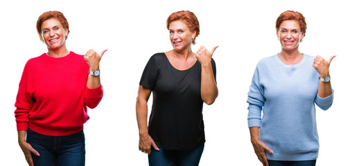 Obraz premium Collage of middle age senior woman over white isolated background smiling with happy face looking and pointing to the side with thumb up.