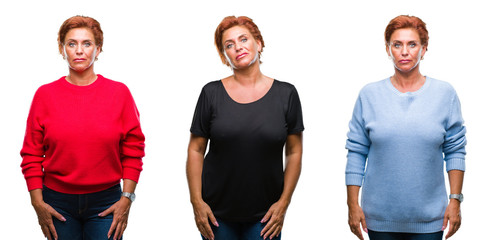 Obraz premium Collage of middle age senior woman over white isolated background with serious expression on face. Simple and natural looking at the camera.