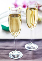 Two glasses of champagne. Brunch. Engagement